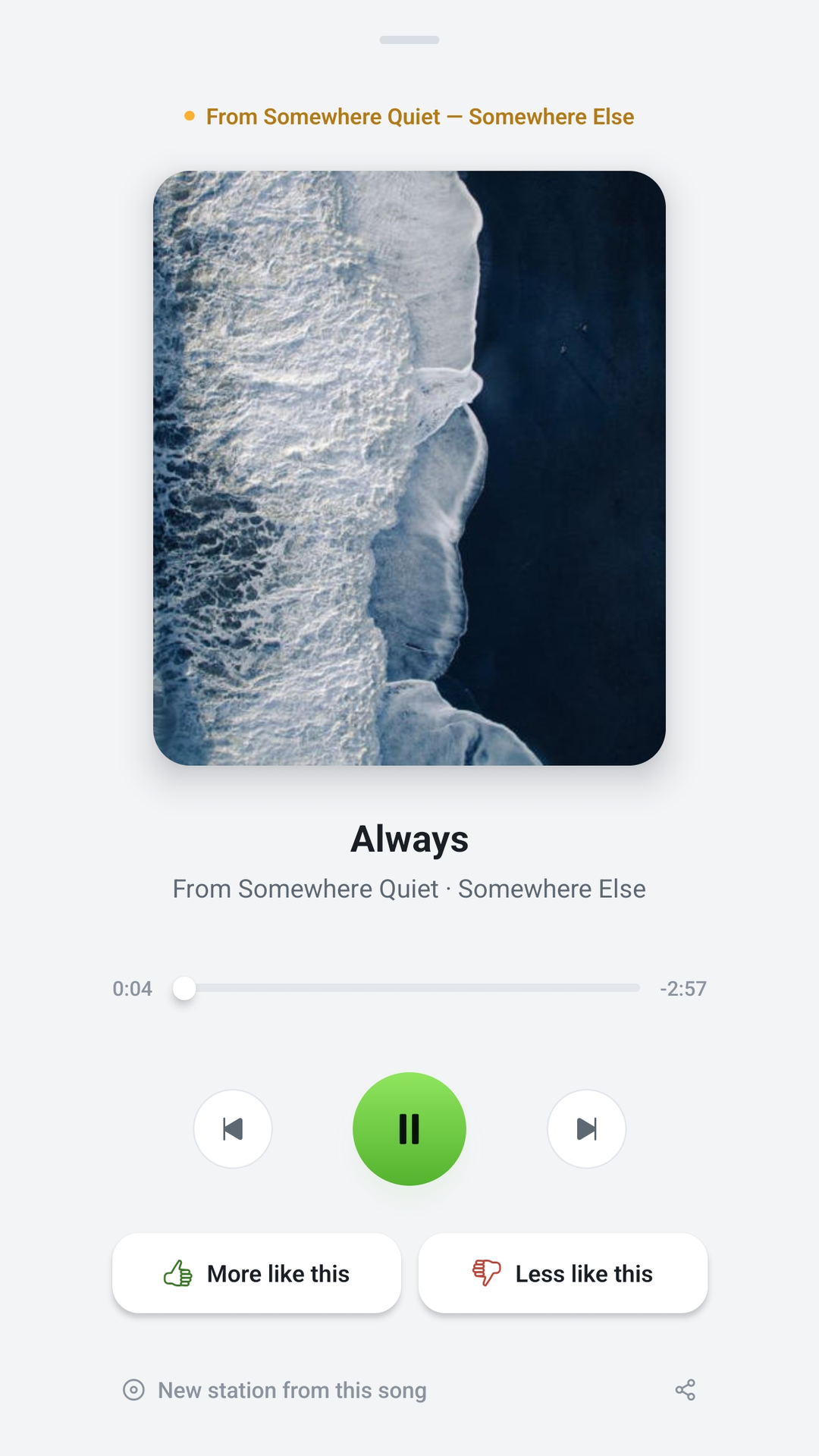 Now Playing on Android, with More like this, Less like this and New station from this song controls