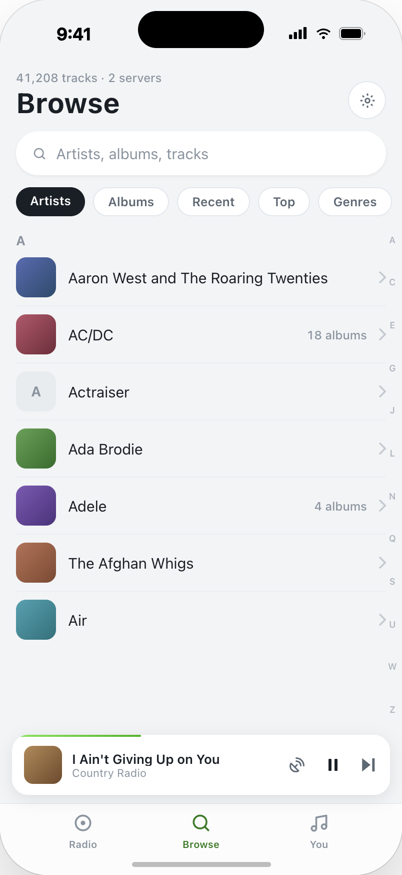 Browse your Plex library — Artists, Albums, Top