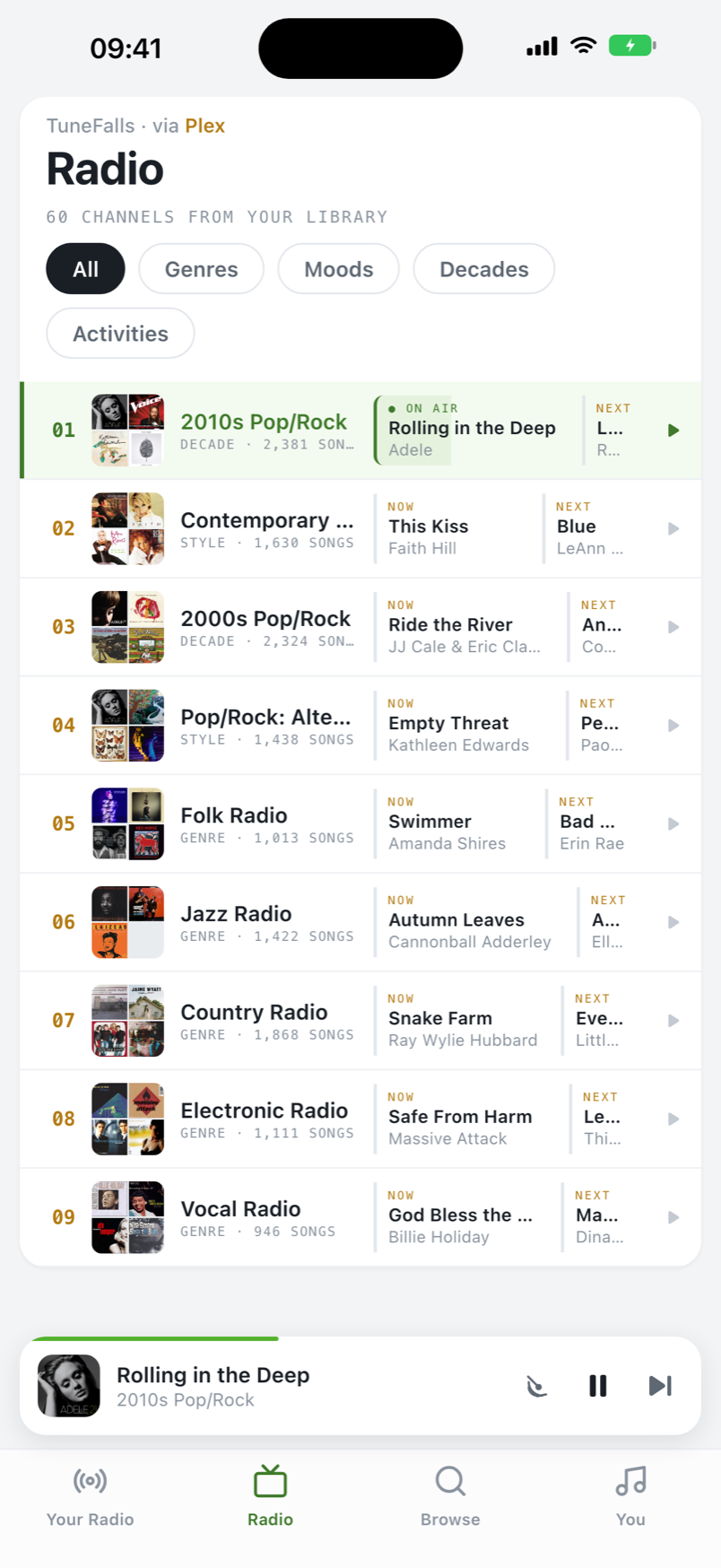 The radio guide — TV-style channels built from your library
