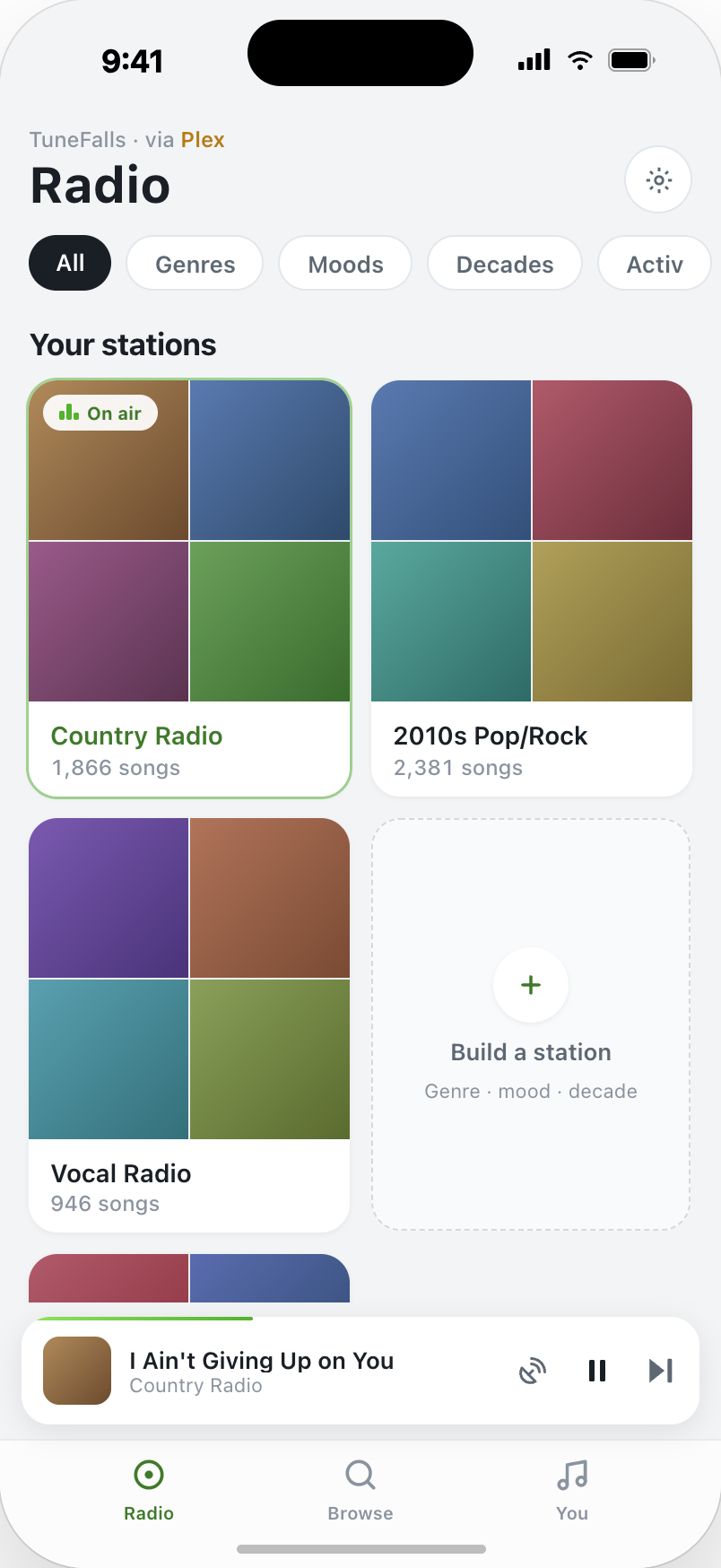Your stations — On Air tile, channel filter pills