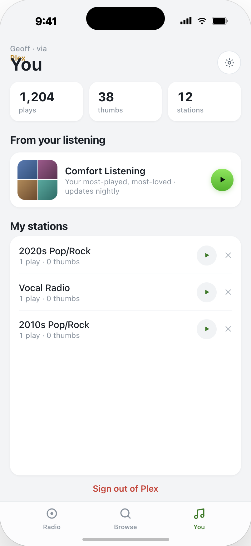 You tab — Falls account, sync, settings