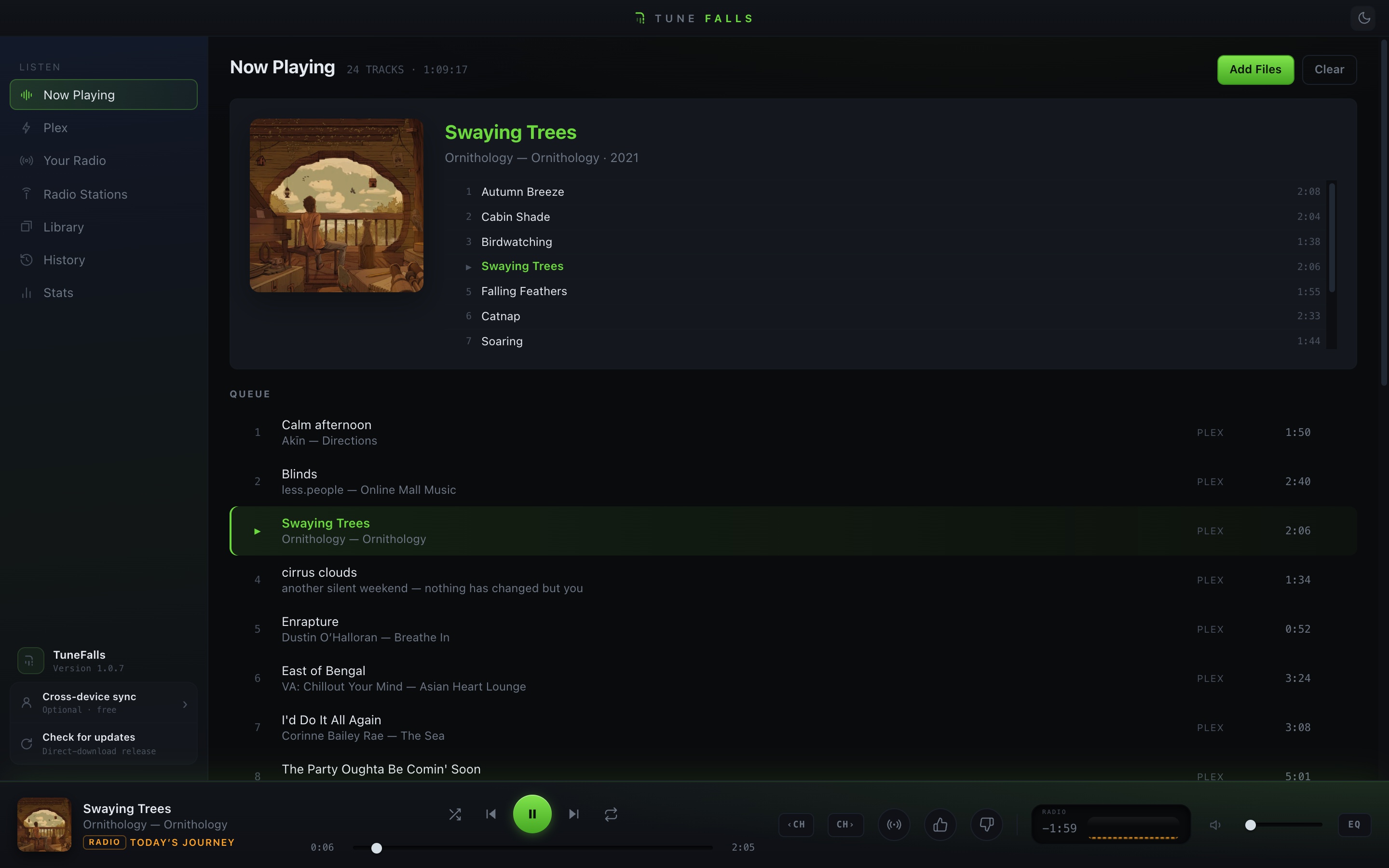 Now Playing — album tracklist and station queue in dark mode