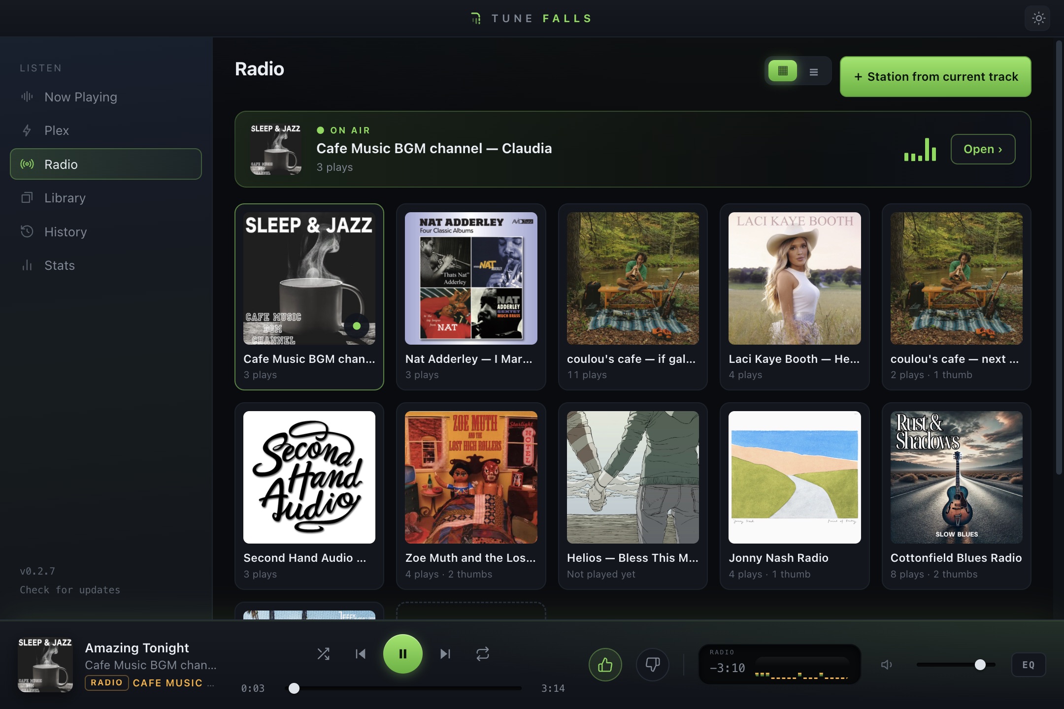 The learning radio's On Air view in dark mode — thumbs, up next, and previously played